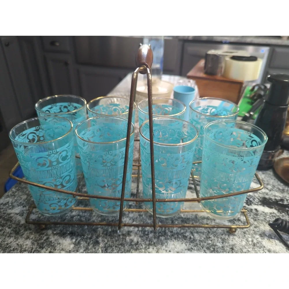8 Vintage Anchor Hocking Chantilly Turquoise Drinking Glasses With MCM Holder